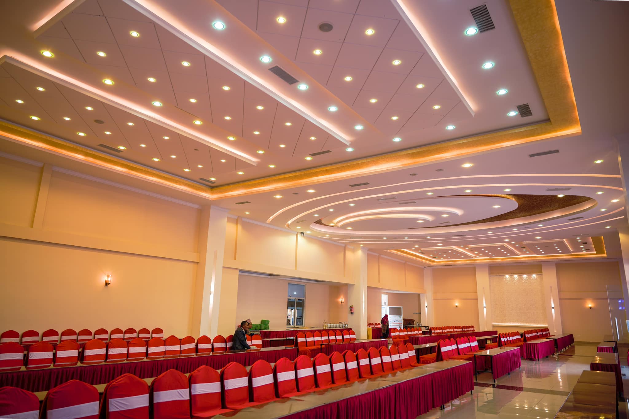 Banquet hall interior with event lighting